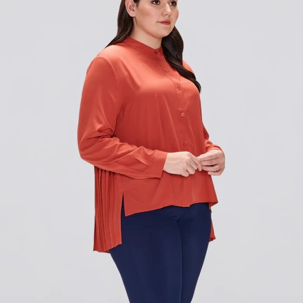 Cotidie Women's M Brick Terracotta Adeline Long Sleeve Button Down Pleated Top